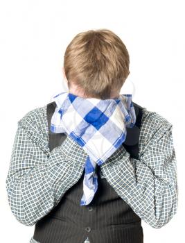 Depressed or sick man with handkerchief on white