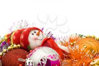 Christmas greetings - Funny white snowman and decoration balls over white