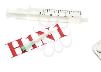 Swine FLU H1N1 -  red alert, pills and syringe over white