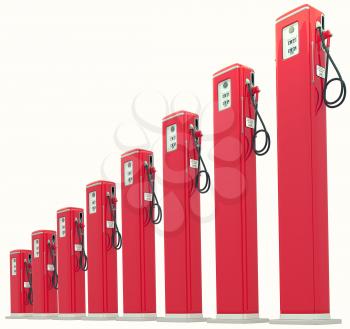 Red gasoline pumps chart: Rise in fuel cost. Isolated on white