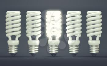 Idea or invention: illuminated efficient bulb among group of off ones. Large resolution