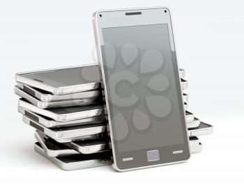 Stack of cellphones with touch screens over white. Custom rendered