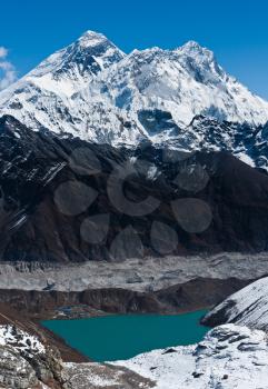 Everest, Nuptse and Lhotse peaks. Gokyo lake and village. Travel in Nepal