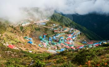Namche Bazaar village in Nepal. Hiking and tourism in Himalayas