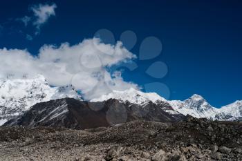 Snowed Mountain range landscape in Himalayas. Travel to Nepal
