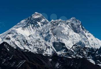 Everest, Nuptse and Lhotse peaks: top of the world. Travel in Nepal