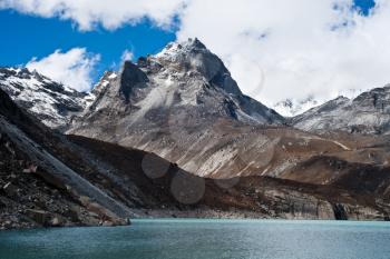 Summit and Sacred Lake near Gokyo in Himalayas. Shot on height 4800 m