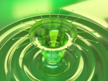 Splash of colorful green liquid with droplets and water crown 