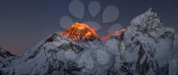 Everest Summit panoramic view Nutpse at sunset. Large resolution