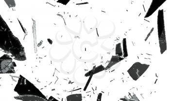 Small and large pieces of shattered black glass isolated on white