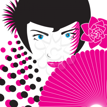 Royalty Free Clipart Image of a Woman With a Flower and a Fan