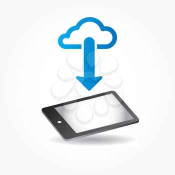 Royalty Free Clipart Image of a Tablet and Cloud With an Arrow