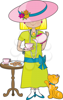 Royalty Free Clipart Image of a Girl Having a Tea Party in Her Mother's Clothes