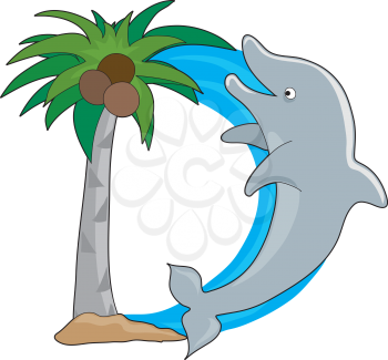 Royalty Free Clipart Image of a Dolphin Jumping Out of the Water to Form a D With a Palm Tree