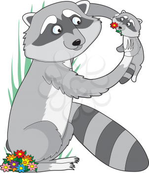 Royalty Free Clipart Image of a Raccoon Holding Its Baby to Form an R