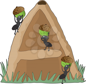 Royalty Free Clipart Image of Ants Carrying Acorns Up a Hill Shaped Like an A
