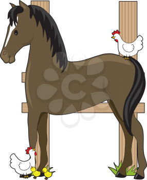 Royalty Free Clipart Image of a Horse and Chickens by a Fence