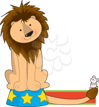 Royalty Free Clipart Image of a Circus Lion Looking at a Mouse in the Shape of an L
