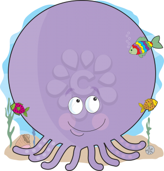 Royalty Free Clipart Image of an Octopus Shaped in the Letter O Looking at Fish
