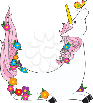 Royalty Free Clipart Image of a Unicorn With Flowers in the Shape of a U
