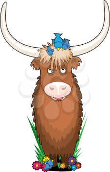 Royalty Free Clipart Image of a Yak With Bluebirds