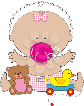 Royalty Free Clipart Image of a Baby Girl With a Soother, Teddy Bear and Rubber Ducky