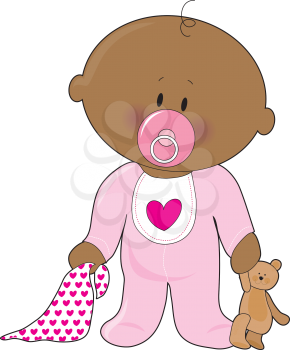 Royalty Free Clipart Image of a Baby With a Soother, Blanket and Teddy Bear