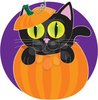 Royalty Free Clipart Image of a Black Cat in a Pumpkin