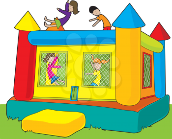 Royalty Free Clipart Image of a Bounce Castle With Children Flying Over the Top