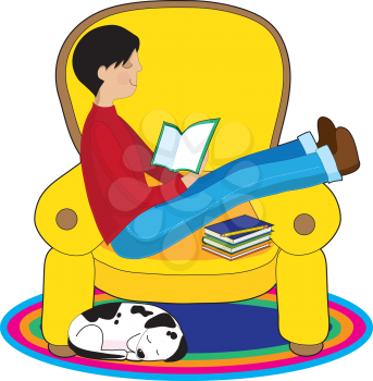 Royalty Free Clipart Image of a Boy Reading With His Dog Nearby