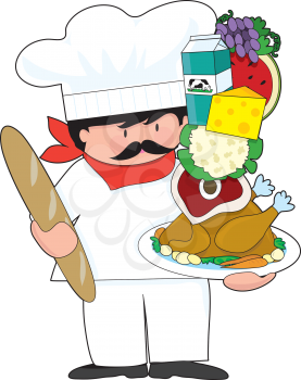 Royalty Free Clipart Image of a Chef Holding a Stack of Food