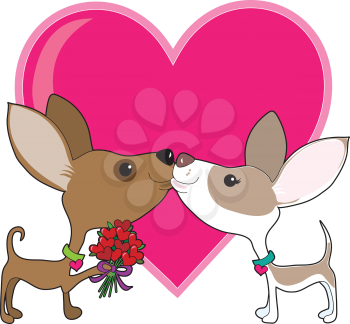 Royalty Free Clipart Image of a Chihuahua Giving His Mate Flowers in Front of a Heart