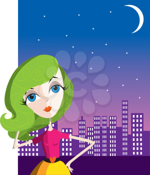 Royalty Free Clipart Image of a Woman in Front of a City Skyline