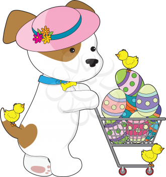 Royalty Free Clipart Image of a Puppy With a Shopping Cart of Easter Eggs