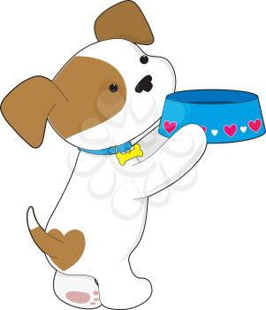 Royalty Free Clipart Image of a Puppy Holding Its Dish