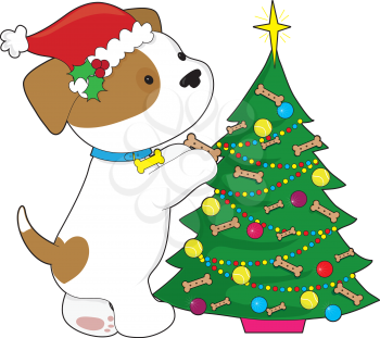 Royalty Free Clipart Image of a Puppy Decorating a Christmas Tree With Bones