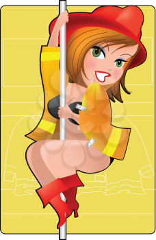 Royalty Free Clipart Image of a Pinup Firefighter Girl Sliding Down a Pole