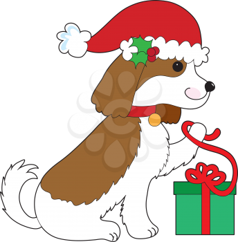 Royalty Free Clipart Image of a King Charles Spaniel Opening a Christmas Present