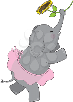 Royalty Free Clipart Image of an Elephant in a Tutu Holding a Sunflower