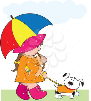 Royalty Free Clipart Image of a Girl Walking Her Dog in the Rain With an Umbrella