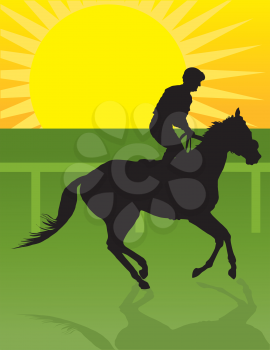 Royalty Free Clipart Image of a Silhouette of a Horse and Rider