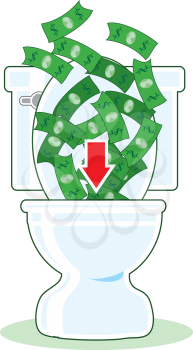 Royalty Free Clipart Image of Dollar Bills Going Down the Toilet