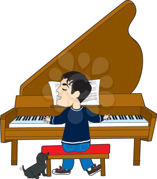 Royalty Free Clipart Image of a Guy Playing the Piano and a Dog Beside Him