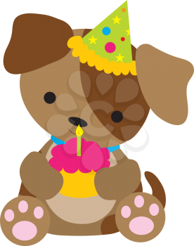 Royalty Free Clipart Image of a Puppy Holding a Cupcake
