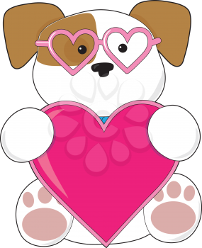 Royalty Free Clipart Image of a Puppy in Heart Glasses Holding a Big Heart