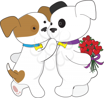 Royalty Free Clipart Image of a Puppy Giving His Sweetheart Flowers