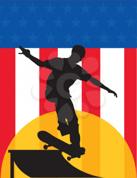Royalty Free Clipart Image of a Skateboarder Silhouetted Against an American Flag