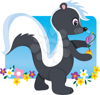 Royalty Free Clipart Image of a Skunk Spraying Itself With Perfume
