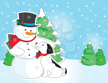 Royalty Free Clipart Image of a Dog With a Snowman