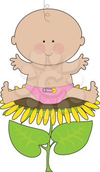 Royalty Free Clipart Image of a Baby Girl on a Sunflower